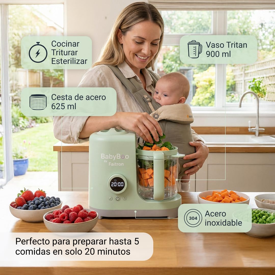 BabyBoo Robot de Cocina para Bebés 7 en 1 - Cocina al Vapor y Tritura en 20 Minutos, Potente 300W, Calientabiberones y Esterilizador, Vaso de Tritan, Cesta de Acero Inoxidable, Pantalla Digital