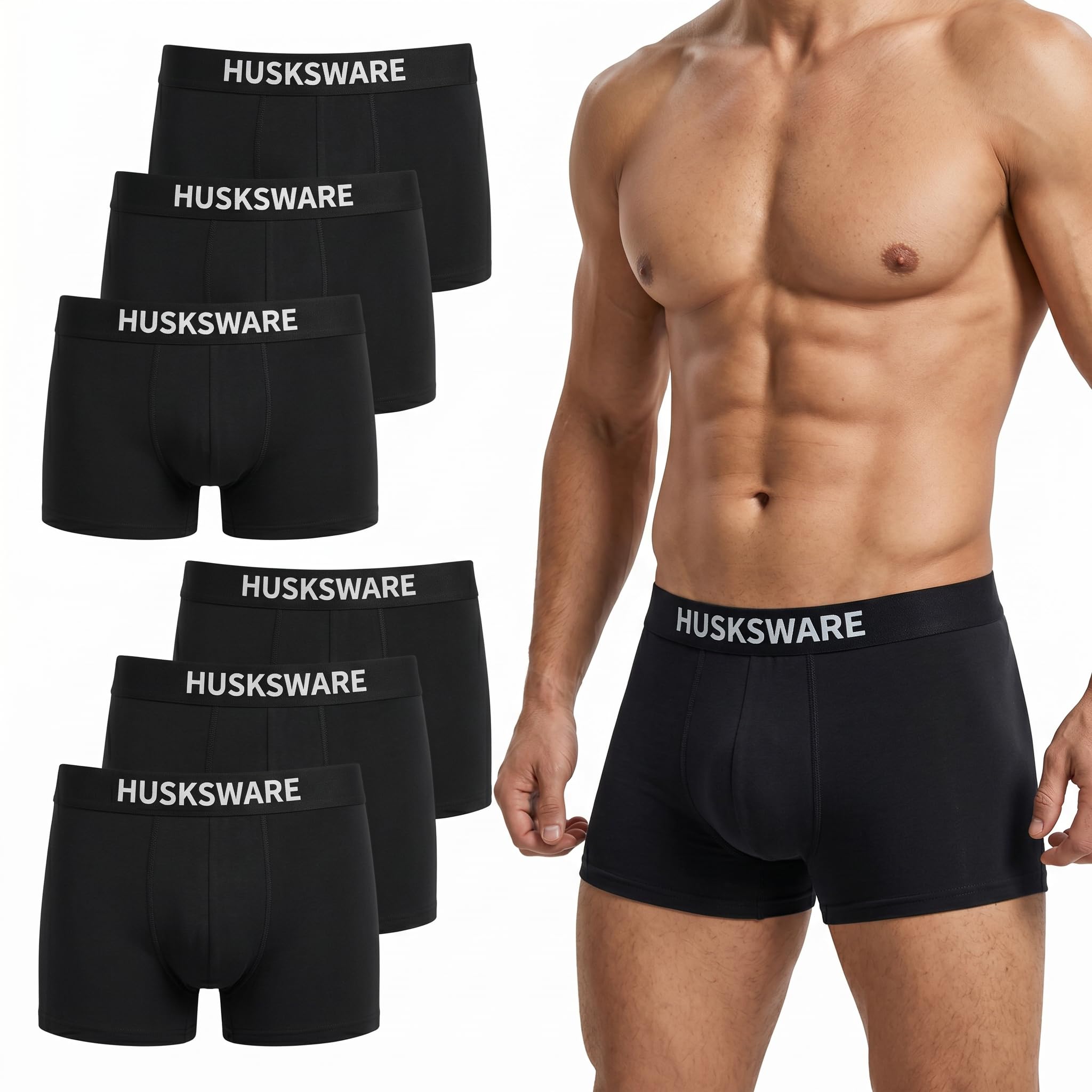 HUSKSWARE Herren-Boxershorts, 6er-Pack, 180 g Baumwolle, Herren-Unterwäsche, ohne Etikett, Nicht reizend, atmungsaktiv und dehnbar, Retro-Boxershorts mit 3D-Tasche