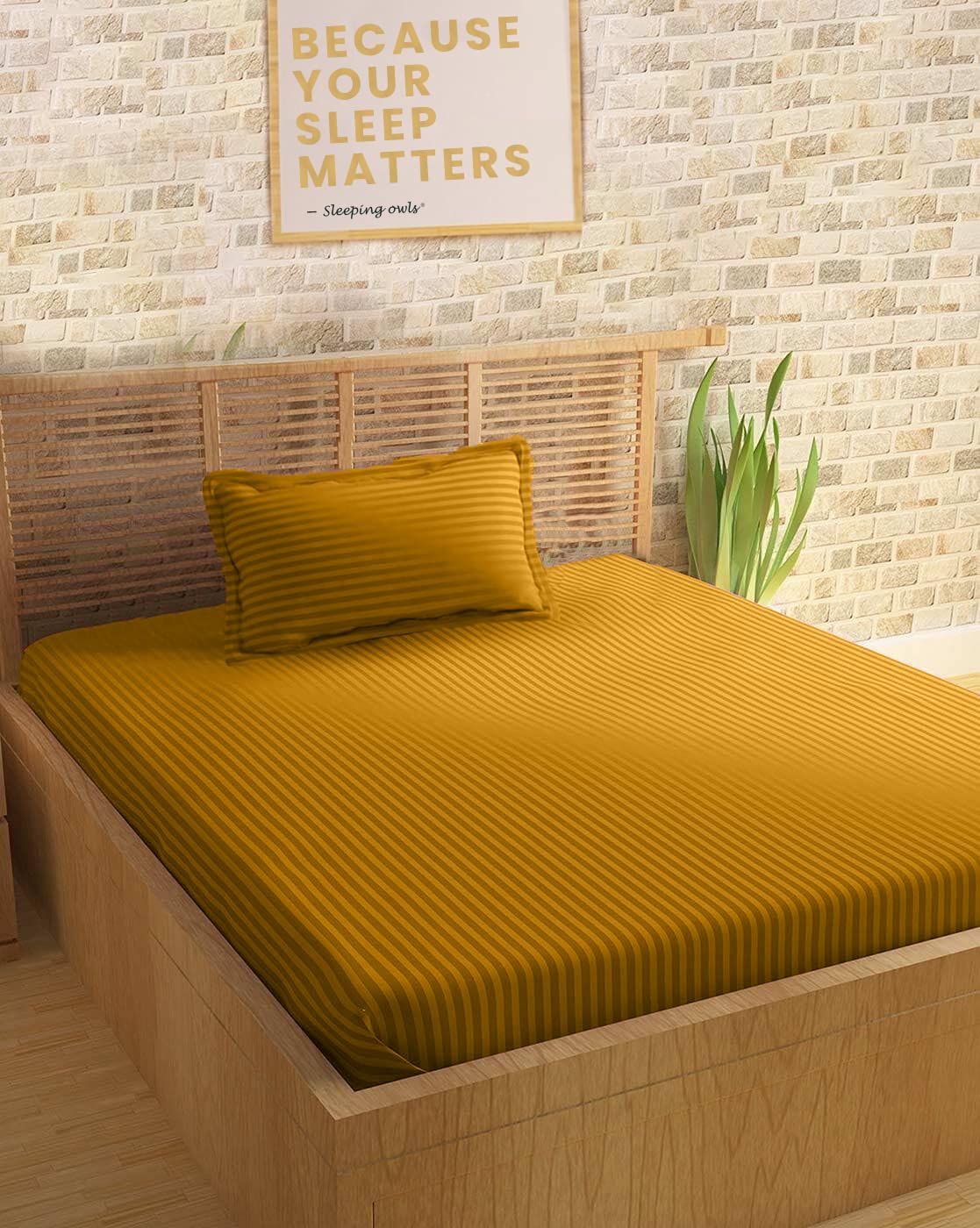 Sleeping Owls 100% Soft Cotton Colors210TC Premium Stripe Cotton Bedsheet Single Size 60x90 Inches with 1 Pillow Cover- Mustard-image-25
