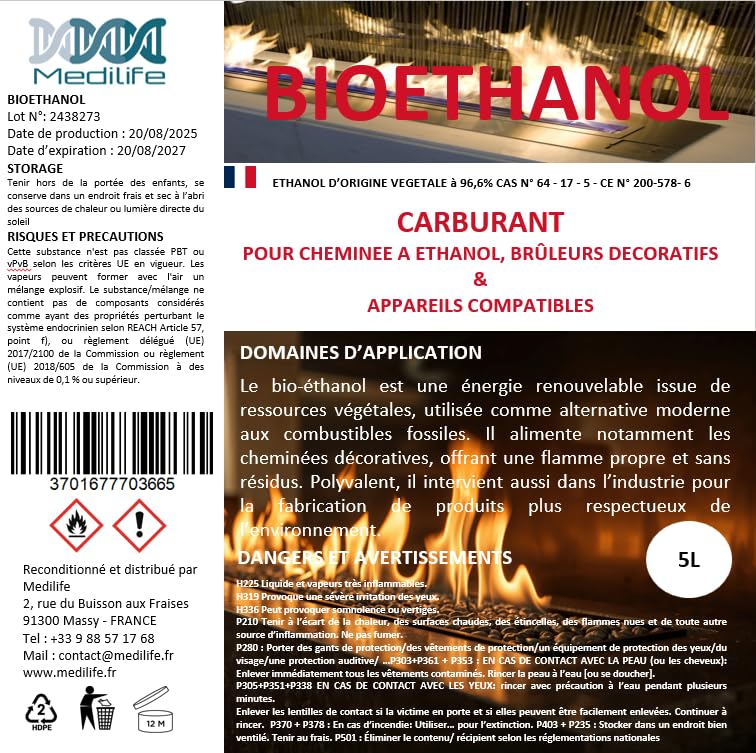 Bioetanolo 5LX4 – Combustibile ecologico Premium per camino stufe in acciaio inox – Fiamma pulita, senza odore e fumo – Risorse vegetali – alte prestazioni (5LX4)