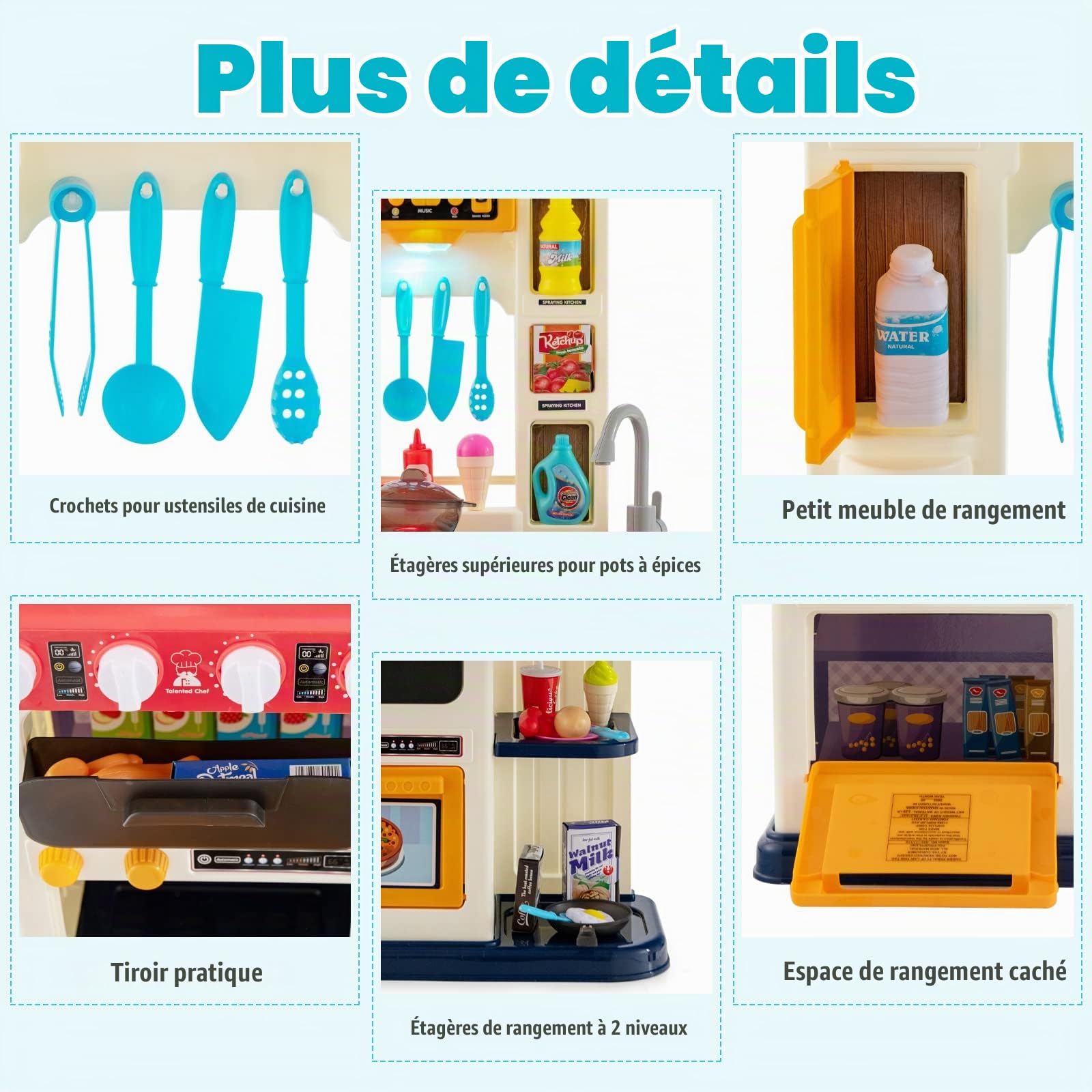 HOMASIS 65 Piece Cuisine Jouet, Ustensiles de Cuisine Accessoires avec Lumière et Son, Simulateur de Cuisine, Evier à Eau Automatique, Set de casseroles et poêles, pour Les Enfants de 3+ Ans (Bleu)