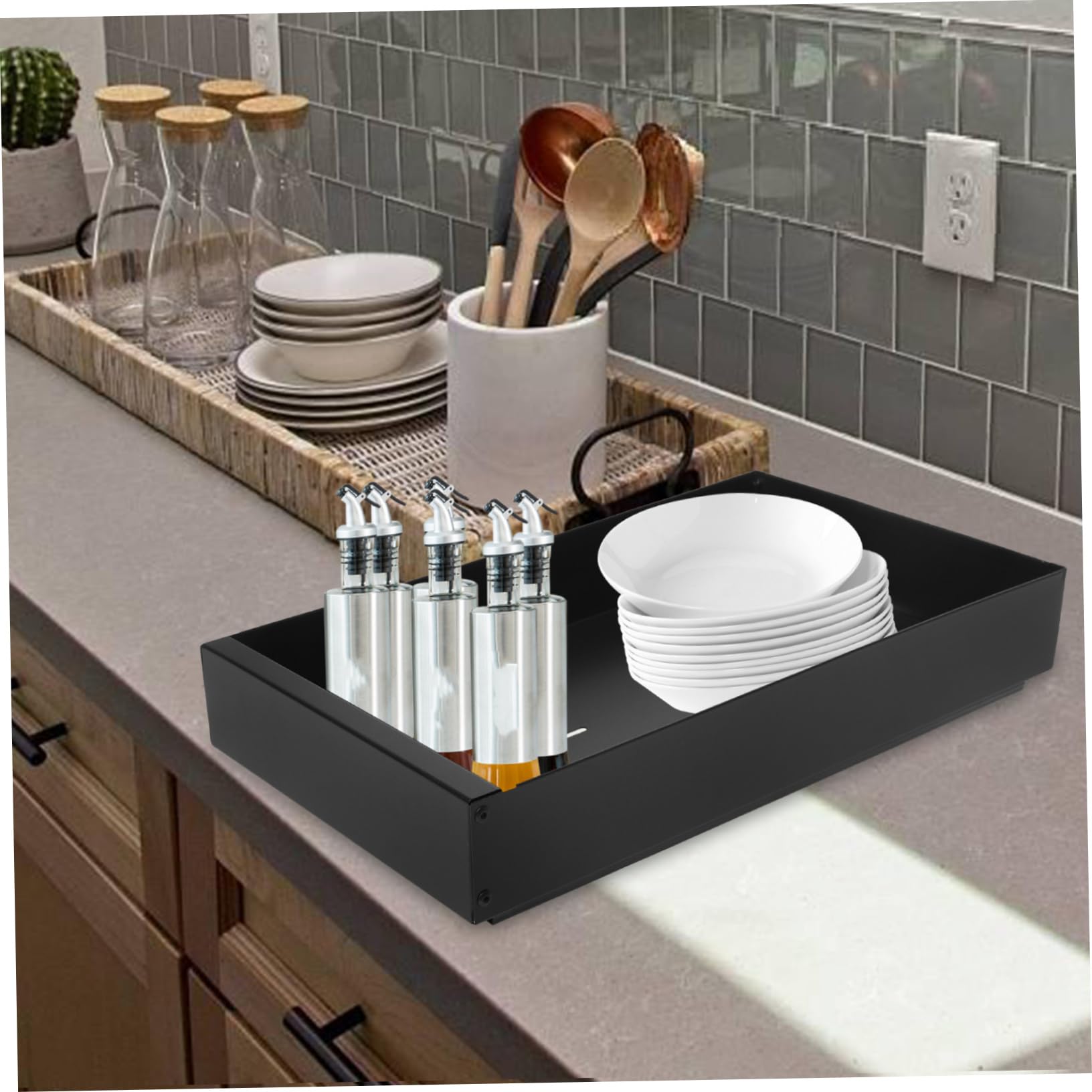 PRETYZOOM Cesta Extraíble para Platos de Acero al Carbono Negra | Divisor Ajustable, Drenaje Integrado, Organización de Cocina para Vajilla y Utensilios
