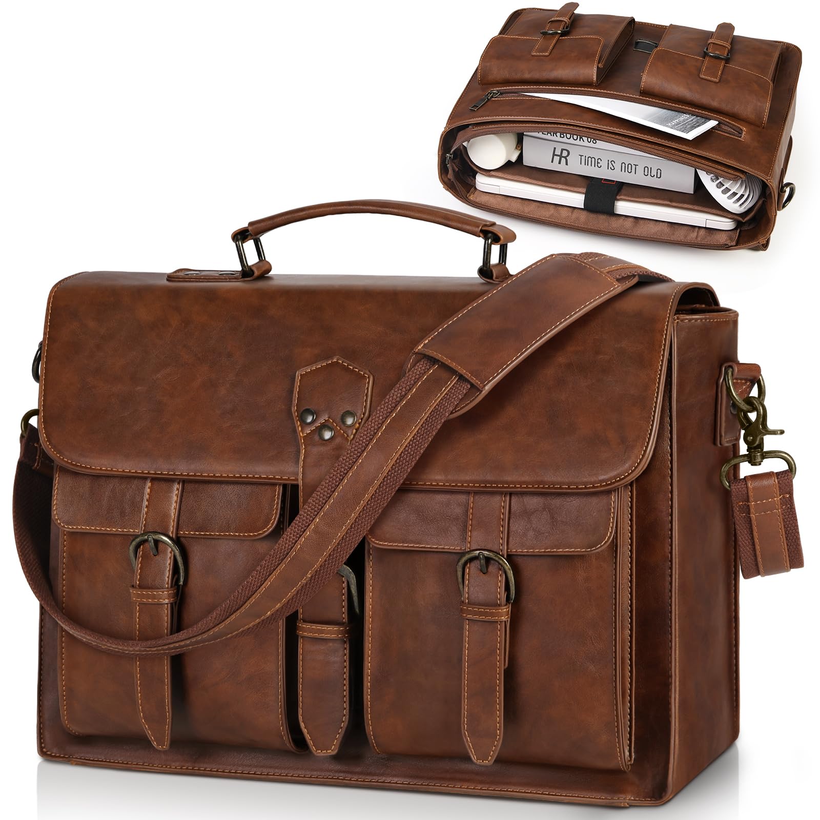 RAINSMORE Messenger Bag for Men 18 Inch Vintage Leather Laptop Briefcase Large Laptop Bag Waterproof Computer Satchel for