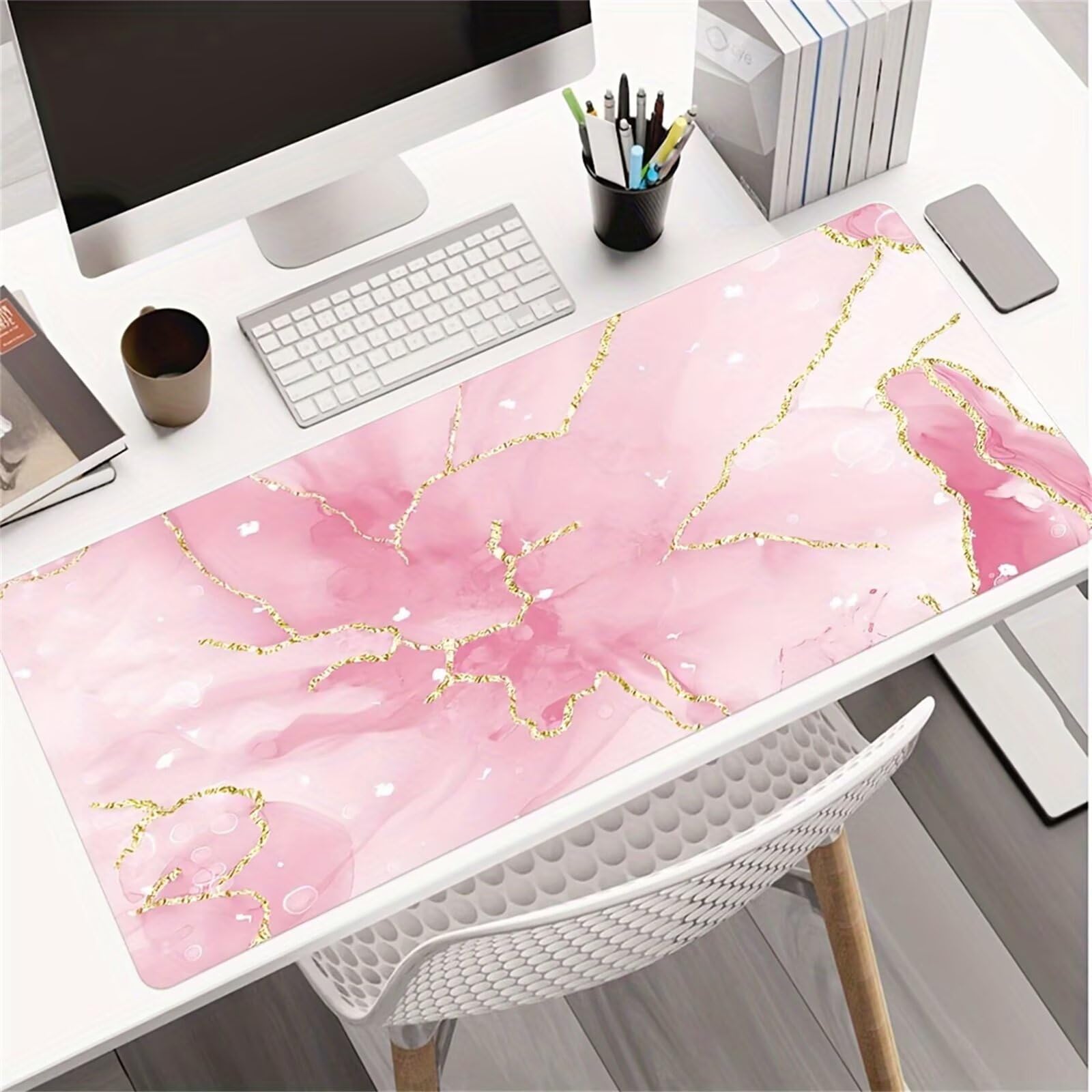 Grand Tapis de Souris de Jeu 900x400x3 mm Mouse Pad Gaming Rose Marbré Tapis de Bureau Antidérapant avec Bords Cousus pour Bureau, Études, Gamer