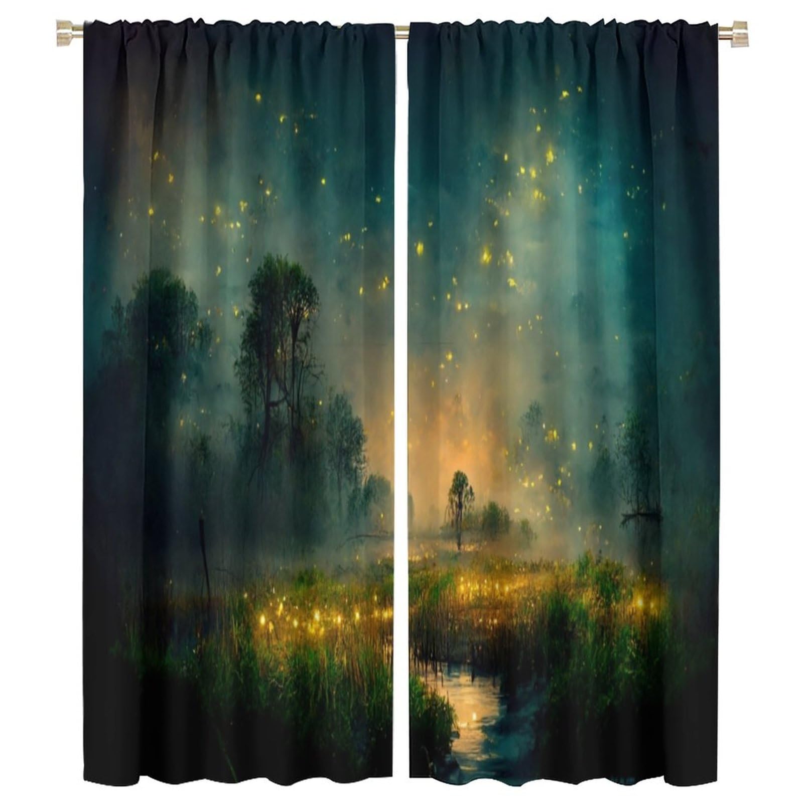 Firefly Blackout Window Curtain,Fantasy Marsh Landscape with Mystical Firefly Lighting for Children Room Bedroom Curtains Drapes 2 Panels 42x54 Inch