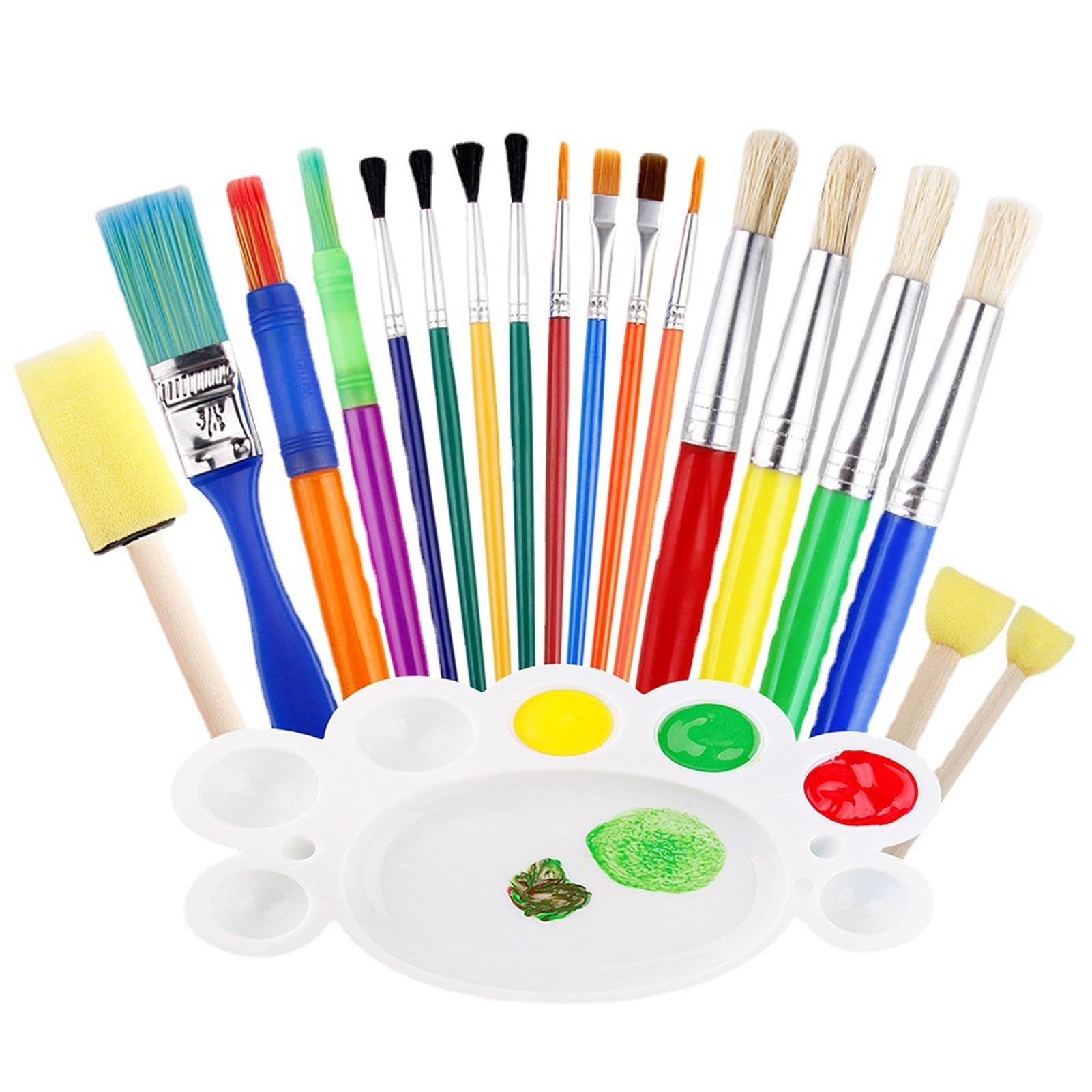 19 Pcs Kids Paint Brushes, Childrens Painting Brushes Set with Palettes, Colorful Art Brushes for Children Toddlers Beginners, Face, Watercolor, Oil, Acrylic