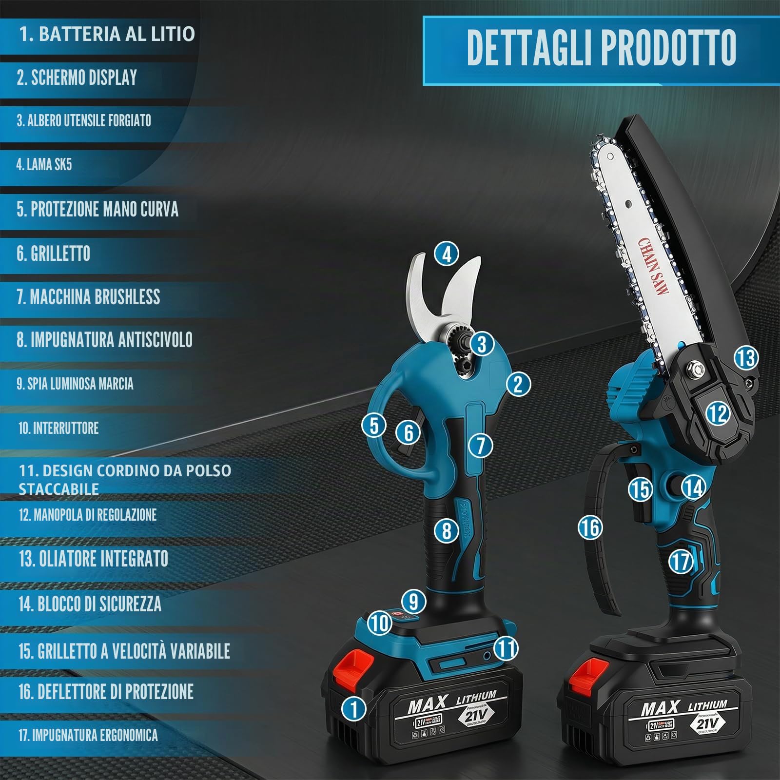 Troncarami a batteria 4 in 1 con telescopio da 2 m, mini motosega da 8 pollici, forbici da 25 mm/30 mm, motore senza spazzole, 2 batterie da 3,0 Ah da 21 V, angolo regolabile a 180°