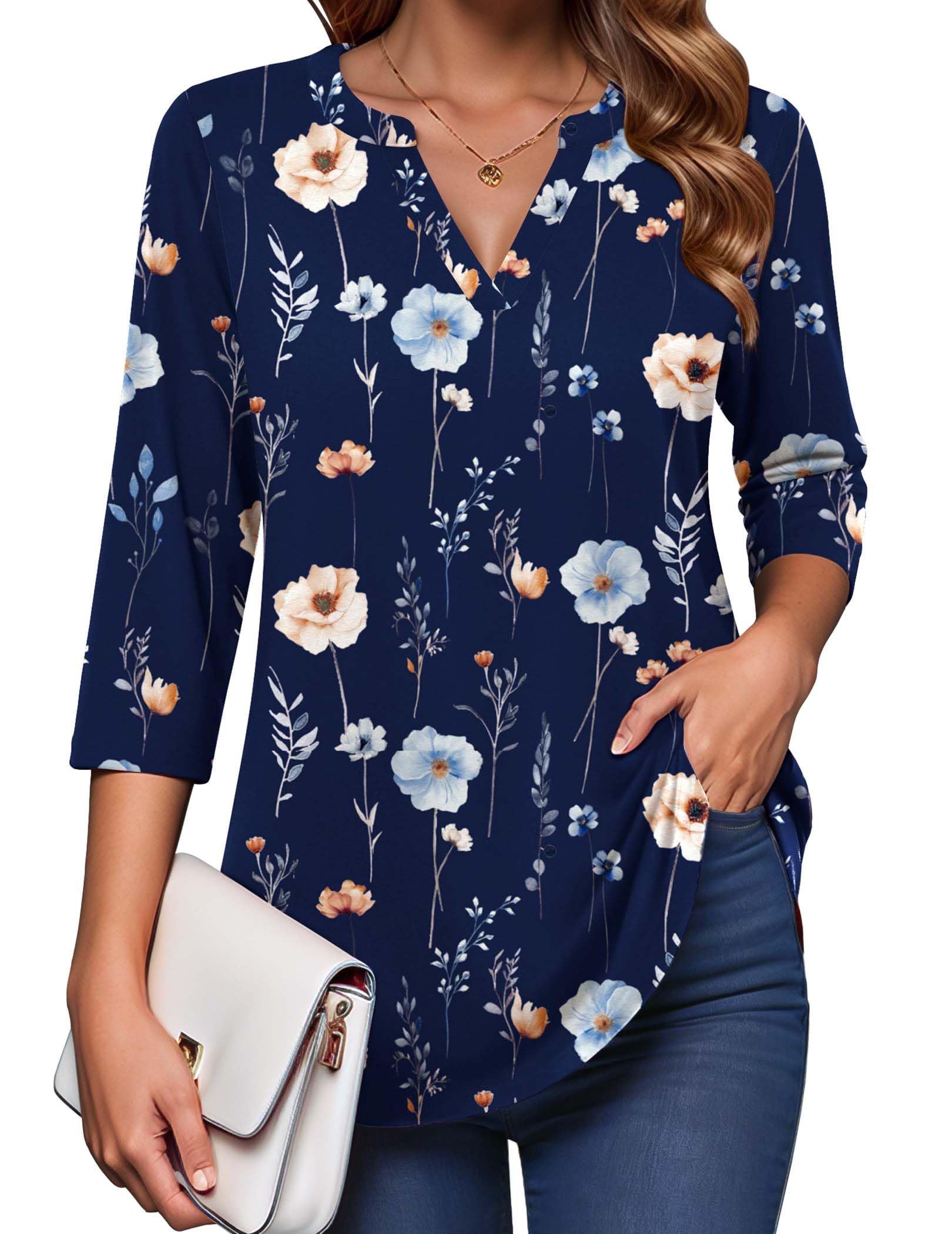 Zeagoo Womens 3/4 Length Sleeve Tops V Neck Tunic Casual Dressy Blouse Floral Printed T Shirts