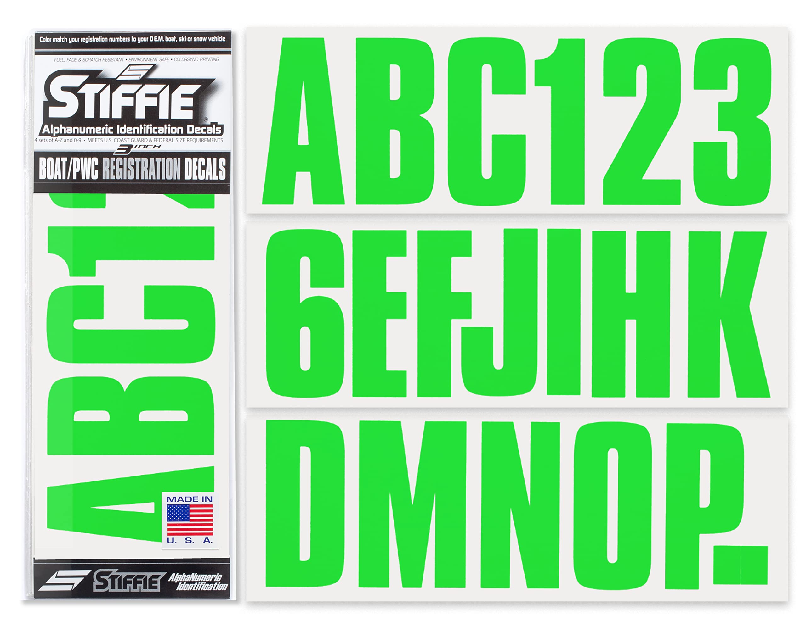 STIFFIE Uniline Electric Green 3" Boat &amp; PWC Registration Decals • Numbers Letters Stickers