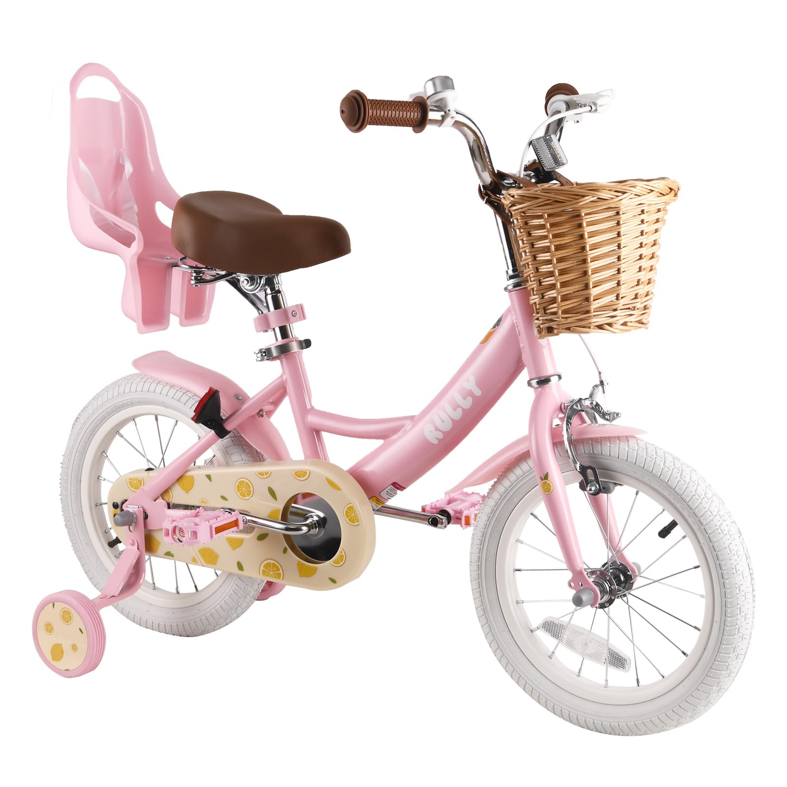 RULLYFruit Kids Bike 12 14 16 Inch Bicycle for Girls Ages 2-7 Years, Training Wheels Included, Girl Bikes with Basket & Doll Seat