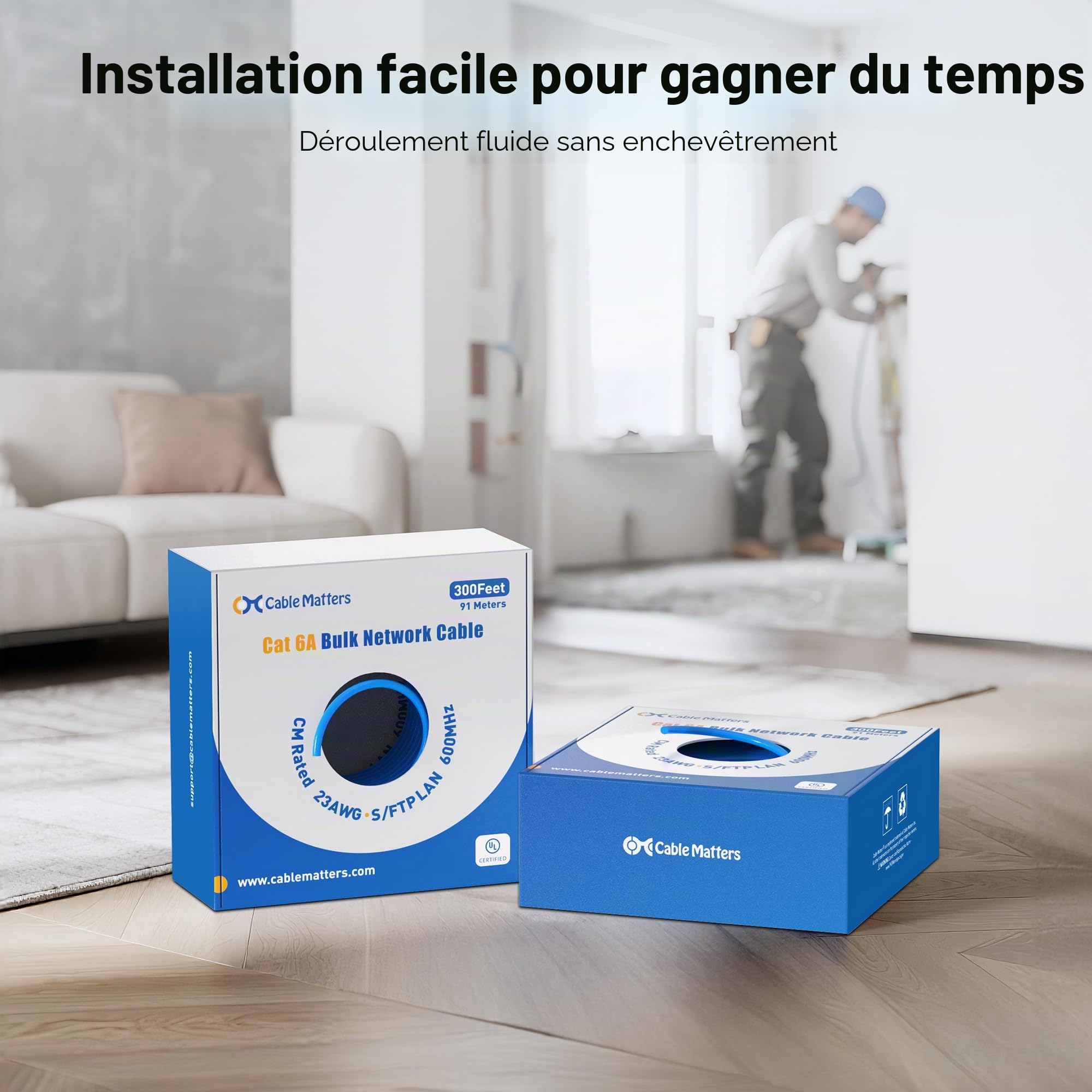 Cable Matters Câble Ethernet Cat 6A blindé en cuivre nu certifié UL de 10 Gbit/s (cm), 23 AWG, 91,4 m, solide, câble Ethernet Cat6a blindé S/STP, S/FTP, cordon Ethernet Cat6a, bleu