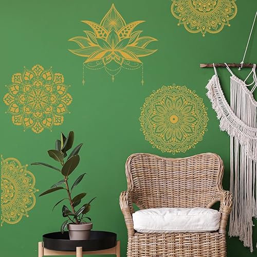 Miniatura 3 de Runtoo Calcomanía de pared con diseño de flor de mandala, diseño de loto bohemio dorado para sala de estar, dormitorio, cabecero de yoga, decoración