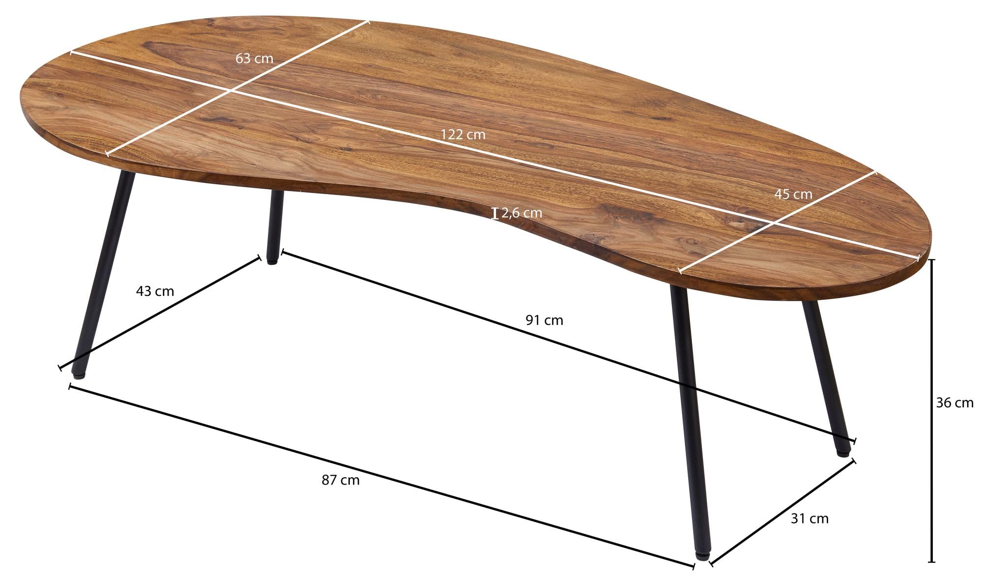 FineBuy Couchtisch 122x63x36 cm Sheesham Massivholz, Nierentisch