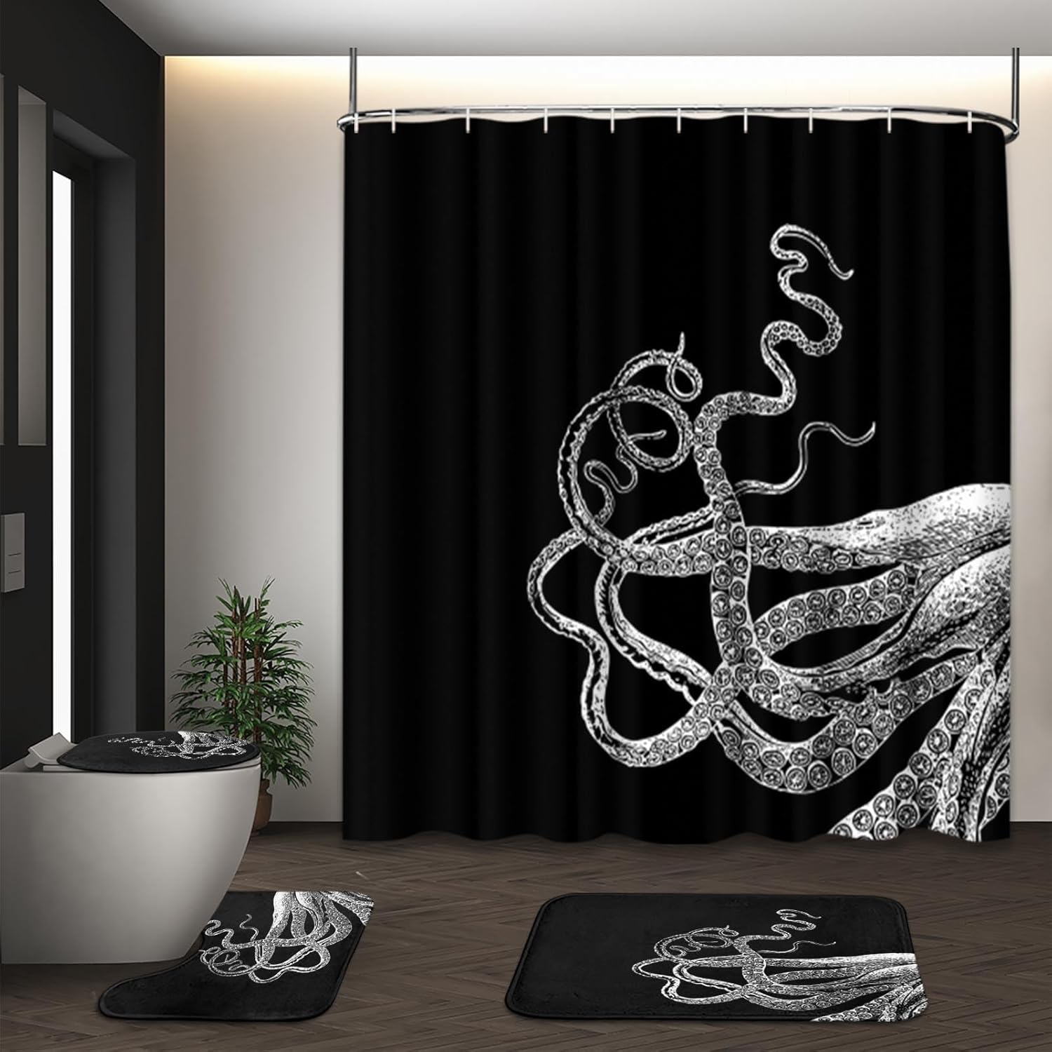 ArtSocket 4 Piece Get Naked Shower Curtain Sets White Octopus Tentacles Black Vintage Sea Ocean Kraken with Non-Slip Rug, Toilet Lid Cover, Bath Mat and 12 Hooks 72x72 inches