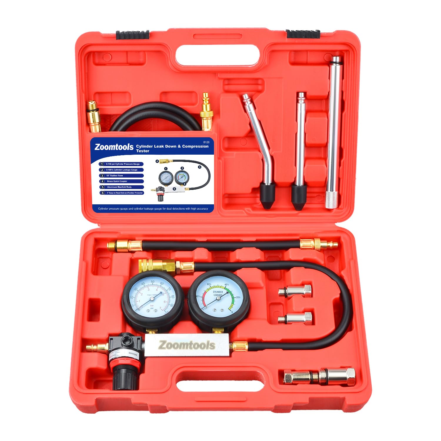 Kit per test di perdita del motore, motore a benzina, con asta di prolunga, per test di pressione e perdite, doppio manometro