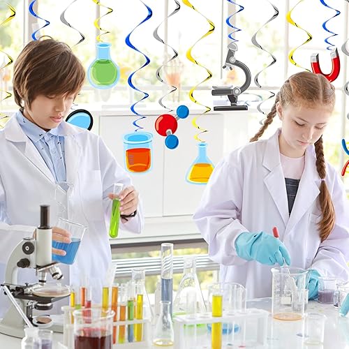 Miniatura 4 de 66 piezas de decoración de fiesta de cumpleaños de ciencia, 42 globos temáticos de ciencia, globos de látex matemáticas, 24 espirales colgantes,