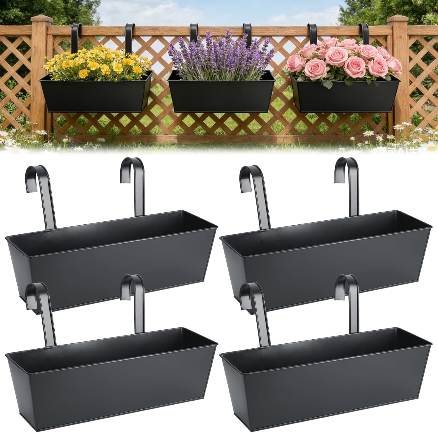 4 Pack Metal Railing Planter Box for Outdoor 16 Inch Hanging Flower Pots for Railing Fence, Deck Hanging Balcony Planters for Garden, Porch, Window (Black)