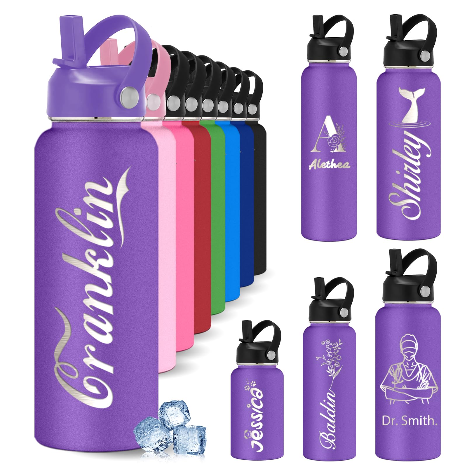 YoLLiEE Custom Personalized Water Bottles for Kids with Straw 12 18 24 32 40 oz Customized Engraved Insulated Stainless Steel Water Bottles with Name