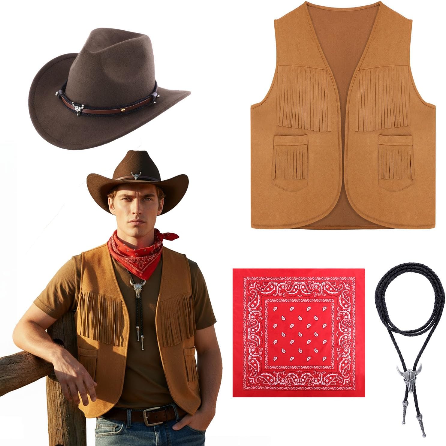 4 Pcs Western Outfits for Men Cowboy Tassel Vest Hat Western Bolo Tie Paisley Bandana for Halloween Cosplay Costume Medium Brown
