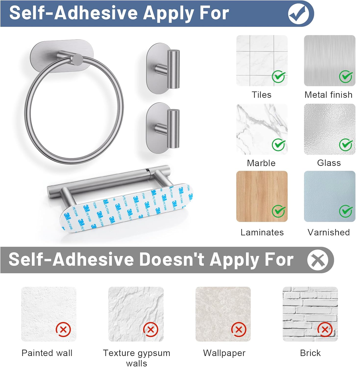 Self Adhesive Brushed Nickel Toilet Paper Holder Towel Holder for Bathroom Wall, No Drilling Bathroom Hardware Set, SUS304 Stainless Steel Towel Ring Hand Towel Holder for Bathroom, Kitchen