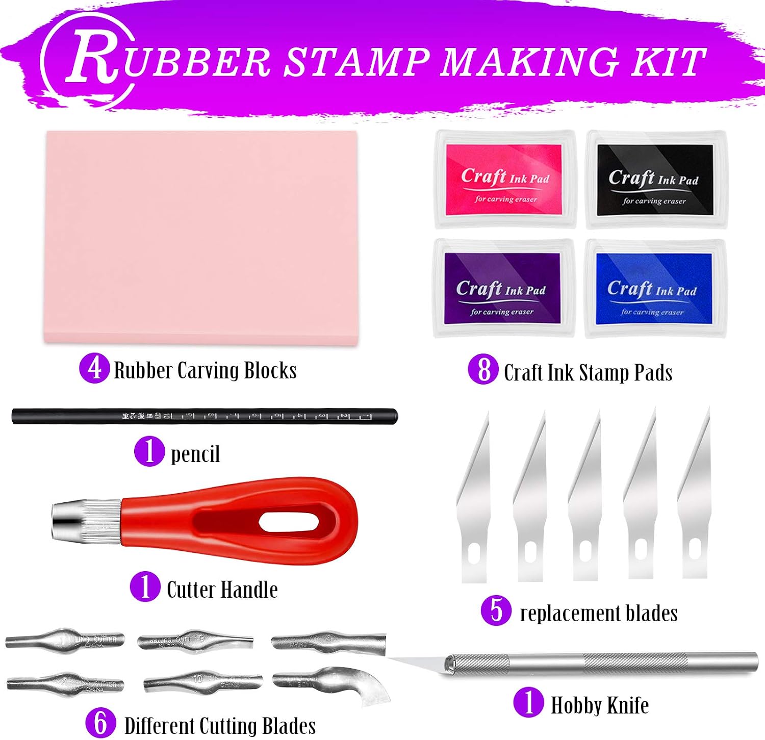 WAYCOM 18 Pcs Rubber Stamp Making Kit,Rubber Carving Block Linoleum Cutter Set Rubber Stamp Carving Block Craft Ink Pad Hobby Knife Pencil for DIY Stamp Carving Craft
