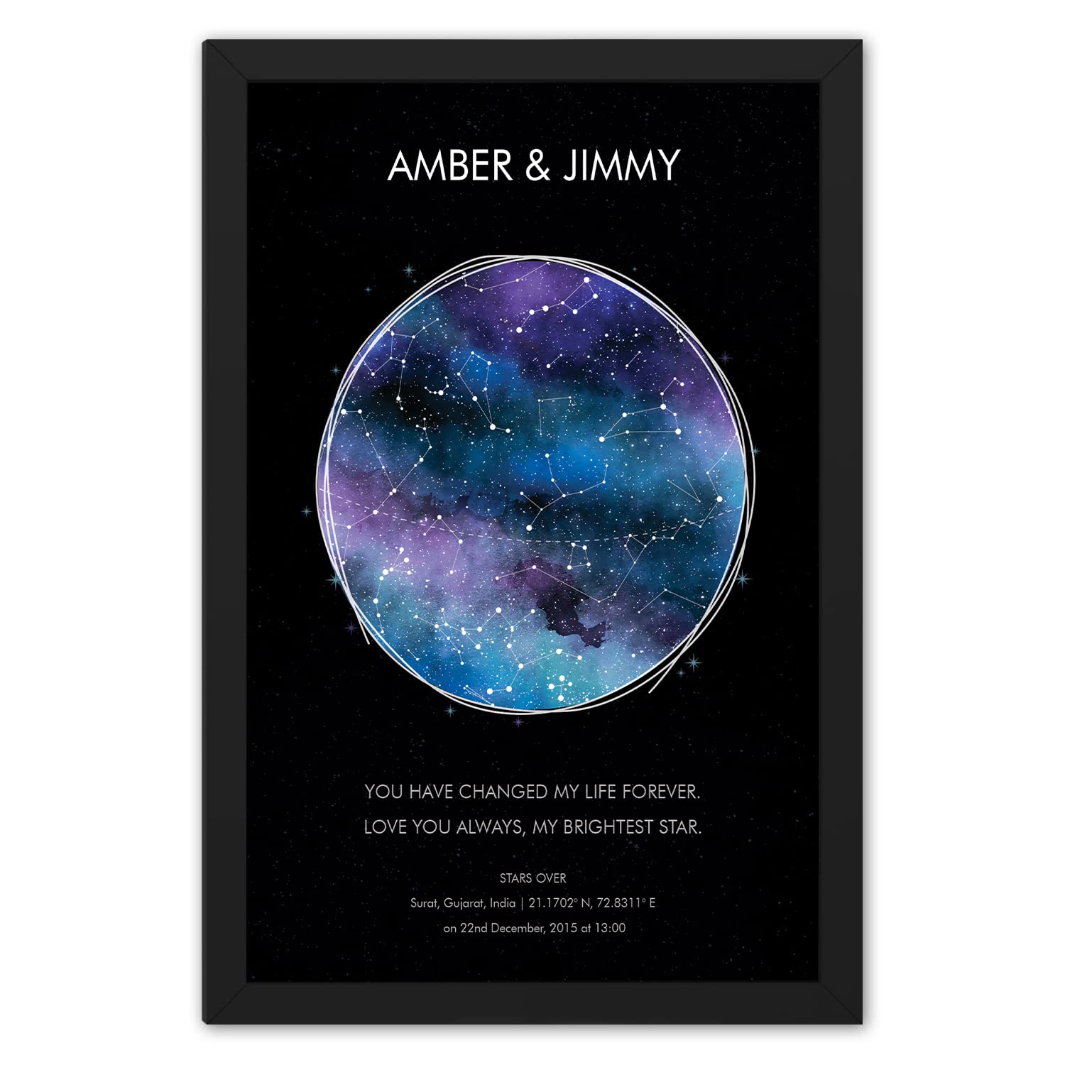 Ritwika's Personalised Constellations & Stars Position Galaxy Painting - Black Frame with Glass - Custom Name, Message And Date | Size 13.5 X 19.5 IN, Set of 1