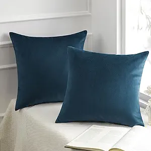 Phantoscope Pack of 2 Velvet Decorative Throw Decorative Pillow Cover Soft Solid Square Cushion Case for Couch Dark Blue 18 x 18 inches 45 x 45 cm