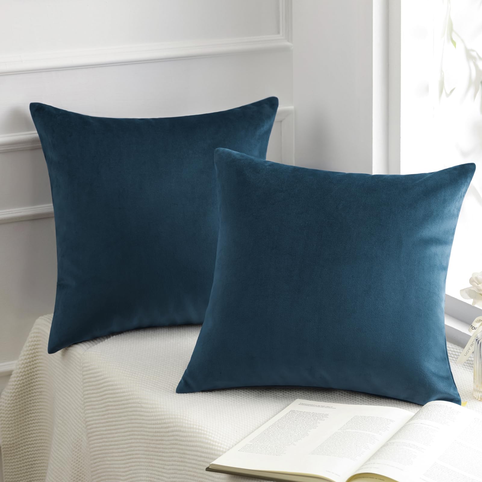 Phantoscope Pack of 2 Velvet Decorative Throw Pillow Covers Soft Solid Square Cushion Case for Couch Dark Blue 20 x 20 inches 50 x 50 cm