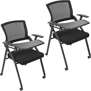 Folding Office Chair with PU Wheels, Ergonomic Rolling Office Chair with Breathable Mesh Back, Foldable Chair for Home Office Conference Room, Foldable Chairs, 300lbs Capacity Black-2 PCS with Tray