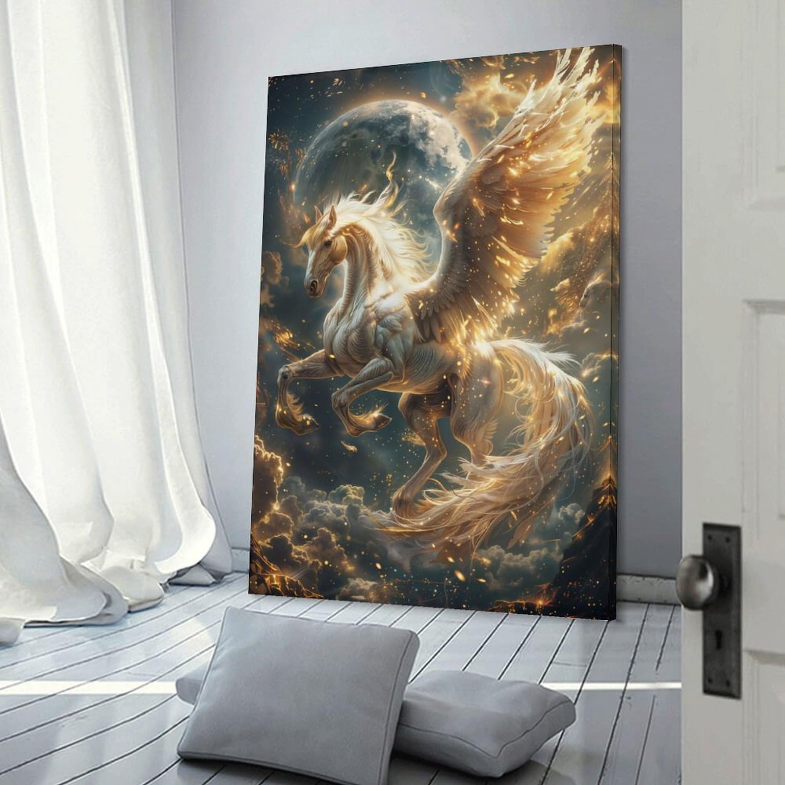 Junmoney Golden Winged Horse Art Print Canvas Wall Art 24x36inch(60x90cm), for Wall Displays, Bedrooms Or Room Updates, Ideal for Building A Coordinated Art Wall