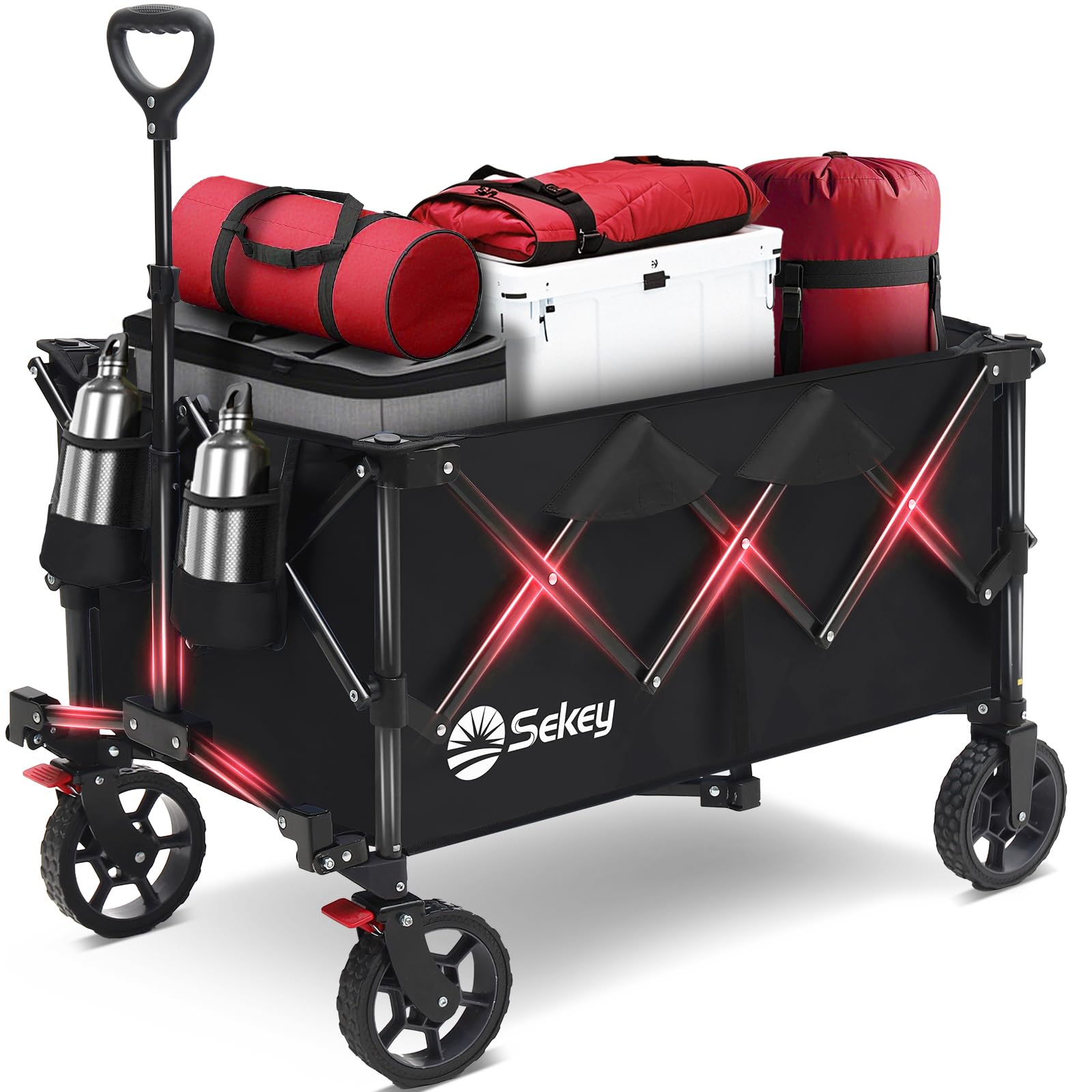 Sekey Collapsible Foldable Wagon with 330lbs Weight Capacity, Heavy Duty Folding Wagon Cart with Big All-Terrain Wheels & Drink Holders. Black