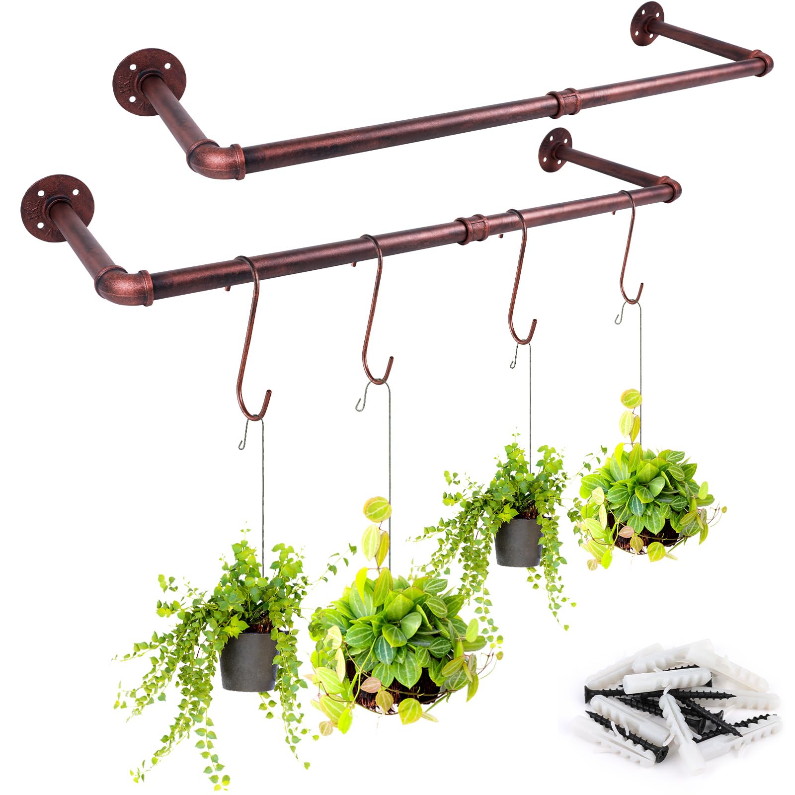 Yoiemivy Wall Window Plant Hanger Set of 2, Metal Plant Hanging Rod with 4 Hooks, Hanging Planter Bar Wall Mount Plant Shelf Hanging Planters for Indoor - Retro Color (Pot & Plant Not Included)