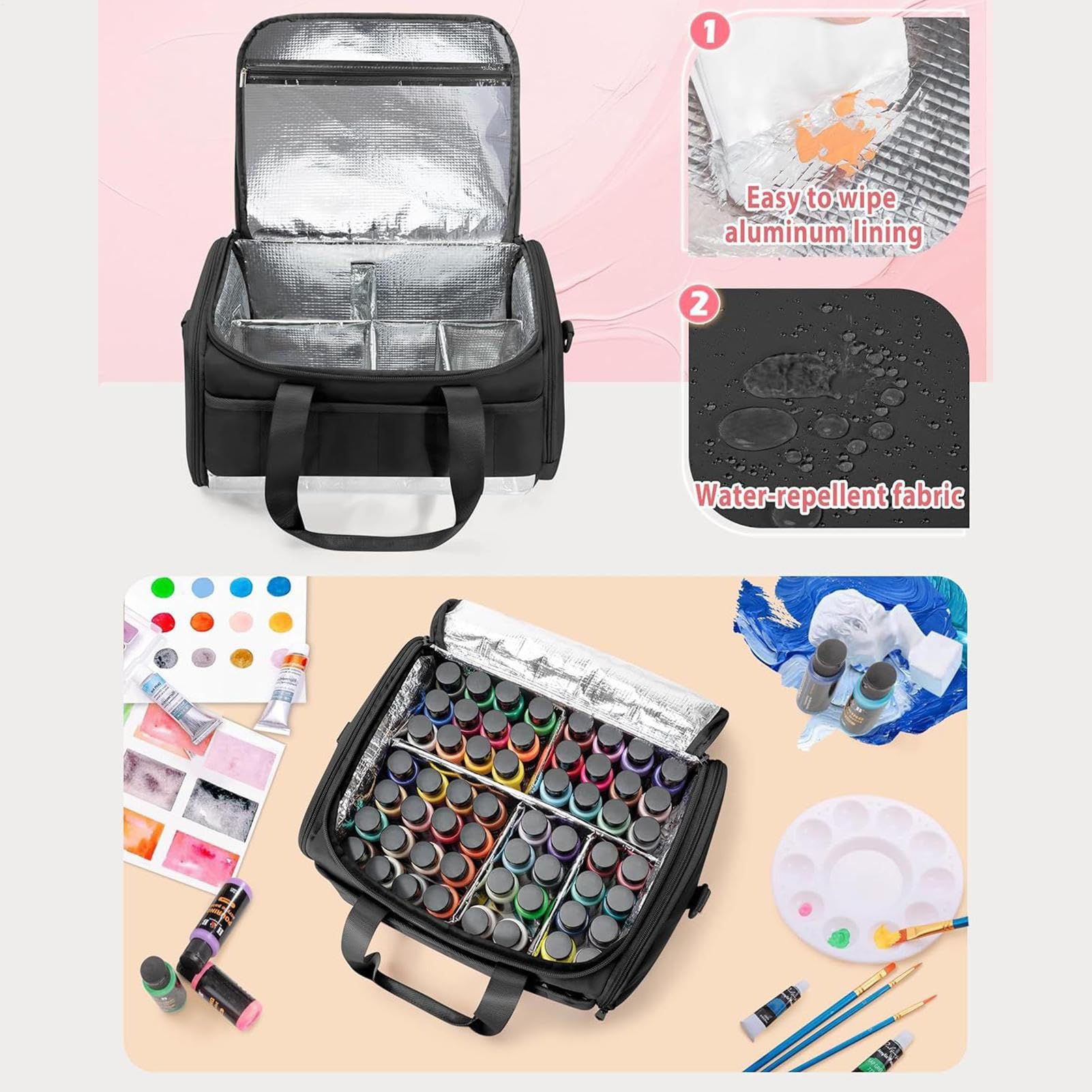 Generisch Caja de almacenamiento de pintura portátil para bolsa Oxford con asa, bolsa de cepillo extra, espacio para 60 botellas de pintura, perfecto para talleres, suministros de arte y actividades