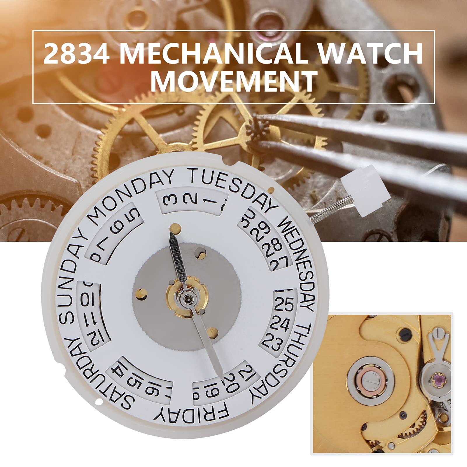 Mechaniczny mechanizm zegarka 2834, zapasowy mechanizm zegarka ze stopu do naprawy, ręczne nakręcanie w złotym odcieniu, z pudełkiem do przechowywania i narzędziami dla zegarmistrzów