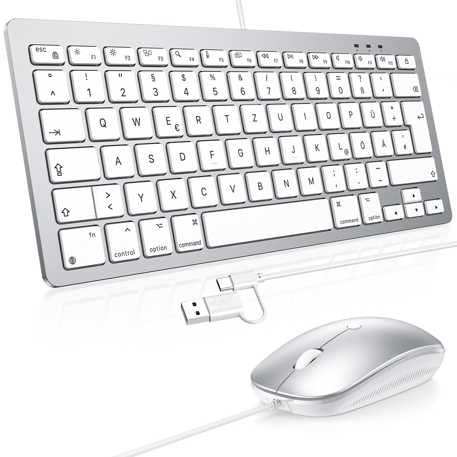 OMOTON Kabel Mac Tastatur Maus Set, USB-/Type-C-Doppelanschluss, geeignet für Apple Mac Pro/Mini, iMac, MacBook Pro/Air, Leises Tippen, QWERTZ-DE-Layout, Silber