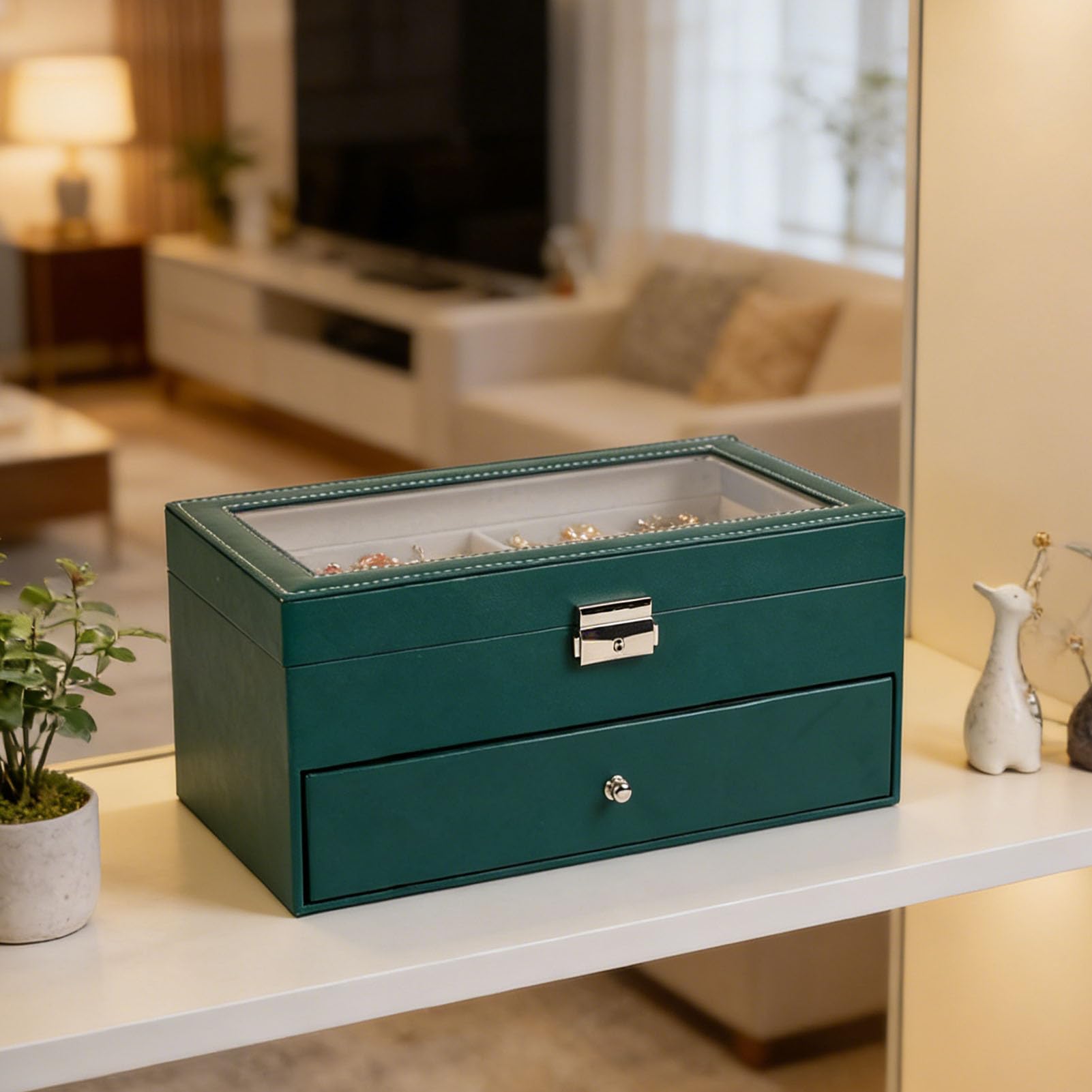Organizador de Gafas de Sol Vitrina Gafas Caja Almacenamiento con Cerradura 2 Capas Cuero PU 12 Ranuras Forro Suave para Relojes Joyería