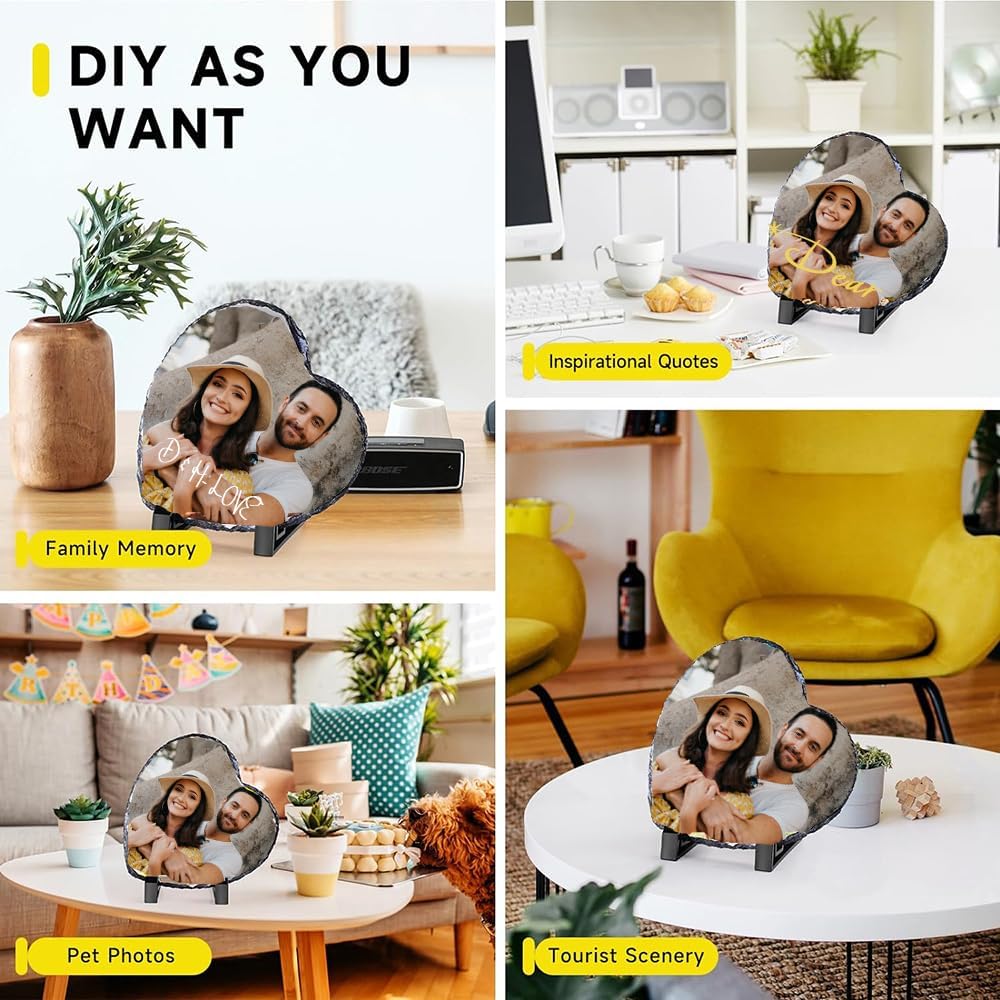 Personalized Photo Frame - Custom Picture Stone Rock Slate Plaque Frames with Display Stand, Customized Gifts for Mothers Fathers Day Valentine's Wedding Birthday Christmas Thanksgiving, Heart Shape