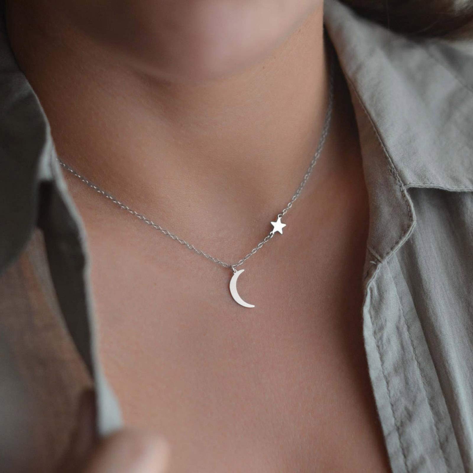 TseenYi Collar con colgante de luna, cadena con forma de estrella dorada, gargantilla bohemia, joyería para mujeres y niñas (plata)