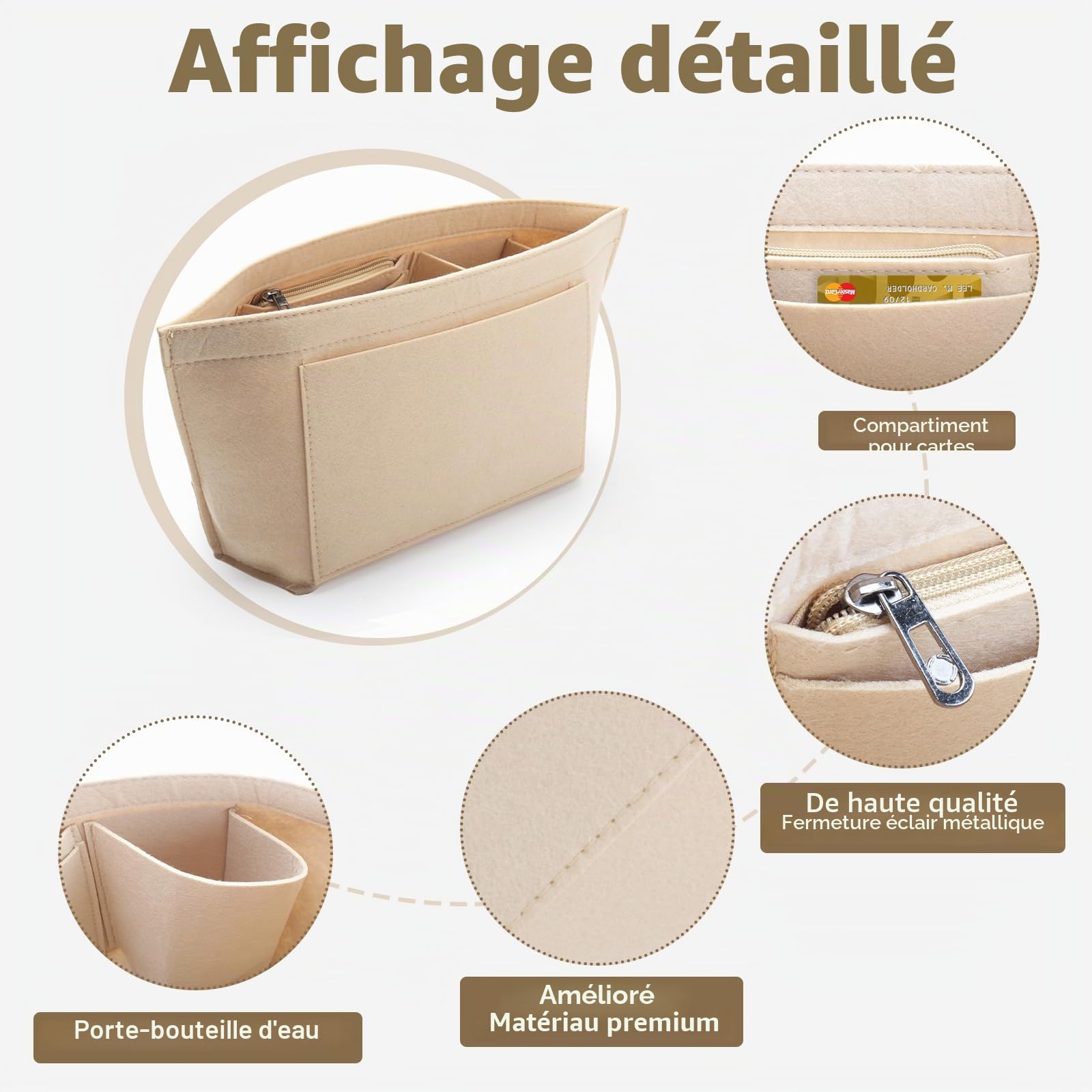 Organiseur de sac à main en feutre pour Longchamp L, pliable, Beige
