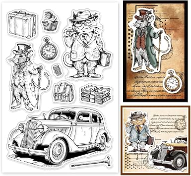 GLOBLELAND Gentleman Cat Mouse Clear Stamps Car Suitcase Pocket Watch Silicone Clear Stamp Seals Transparent Stamps for DIY Scrapbooking Cards Making Photo Album Journal