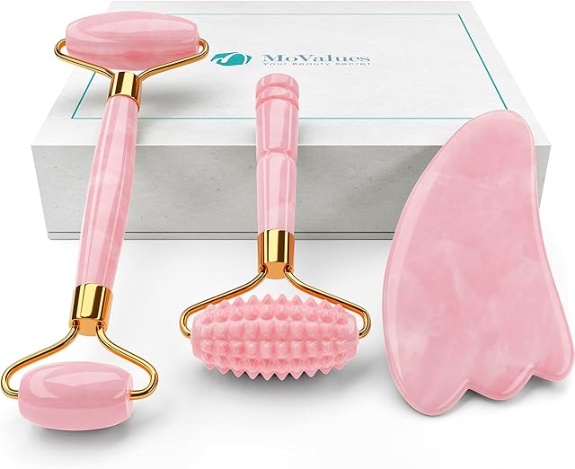 Pink Jade Roller and Gua Sha Set. Rose Quartz Roller with Eye Massager, Rose Quartz Gua Sha, Ridged Face Massage Tool, Real Rose Quartz Crystals 100% Pink Jade Stone Roller, Warm / Ice Roller Face