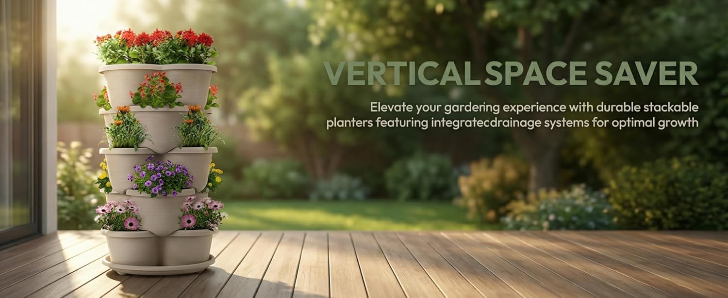 5 Tier Strawberry Planter Vertical Garden Tower - Stackable Gardening Pots for Herbs, Flowers, Vegetables - Indoor/Outdoor Patio Decor (Terracotta)