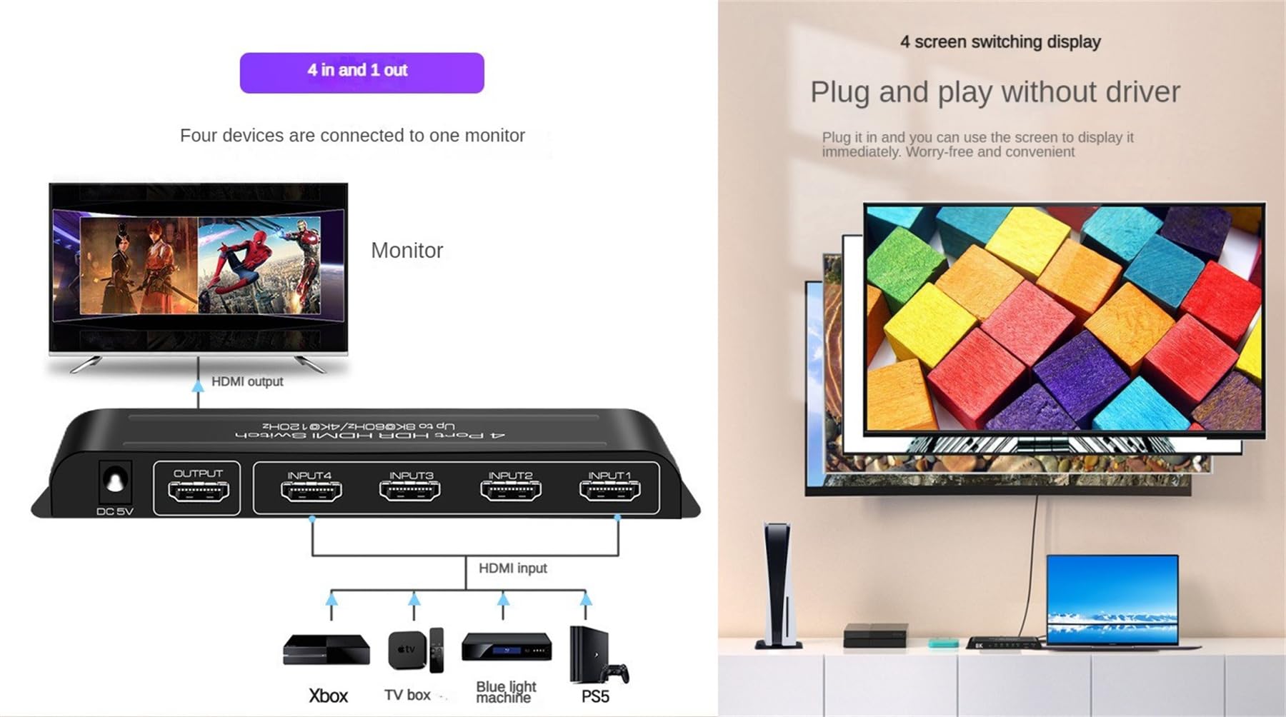 8K HDMI 2.1 Przełącznik HDMI 4 W 1 4x1 HDCP2.3 Automatyczne przełączanie Sterowanie IR 48Gbps 8K@60Hz 4K@60hz/120Hz HDR10+ VRR HLG HDR ALL Dolby Vision Atmos AC3