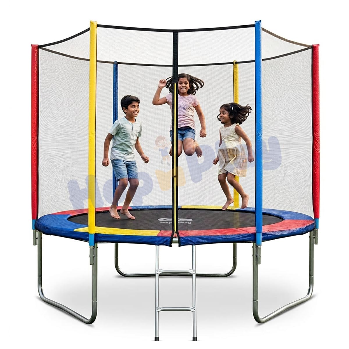 Hop N Play 8FT Trampoline for Kids & Adults with Safety Enclosure Net | Heavy Duty Indoor & Outdoor Jumping Jhula | 150kg Capacity | Safety Pad, Poles, Ladder & Mat – Rainbow Design-picture-11