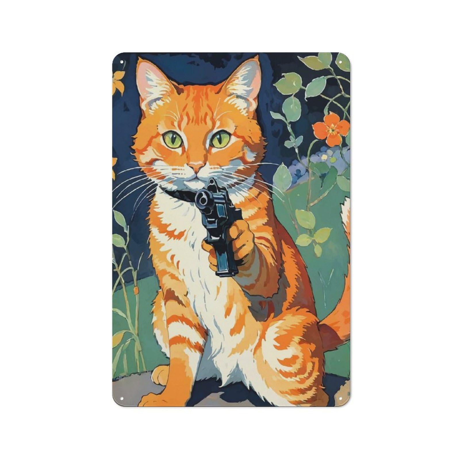Junmoney Cat With Gun Tin Sign 30X20cm For Workshop Wall, Retro Wall Decor, Suited To Metal Sign Collectors