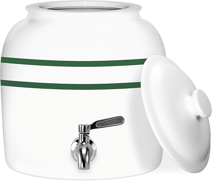 Geo Sports Porcelain Ceramic Crock Water Dispenser, Stainless Steel Faucet, Valve and Lid Included. Fits 3 to 5 Gallon Jugs (Green Stripe)