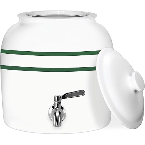 Geo Sports Porcelain Ceramic Crock Water Dispenser, Stainless Steel Faucet, Valve and Lid Included. Fits 3 to 5 Gallon Jugs (Green Stripe)