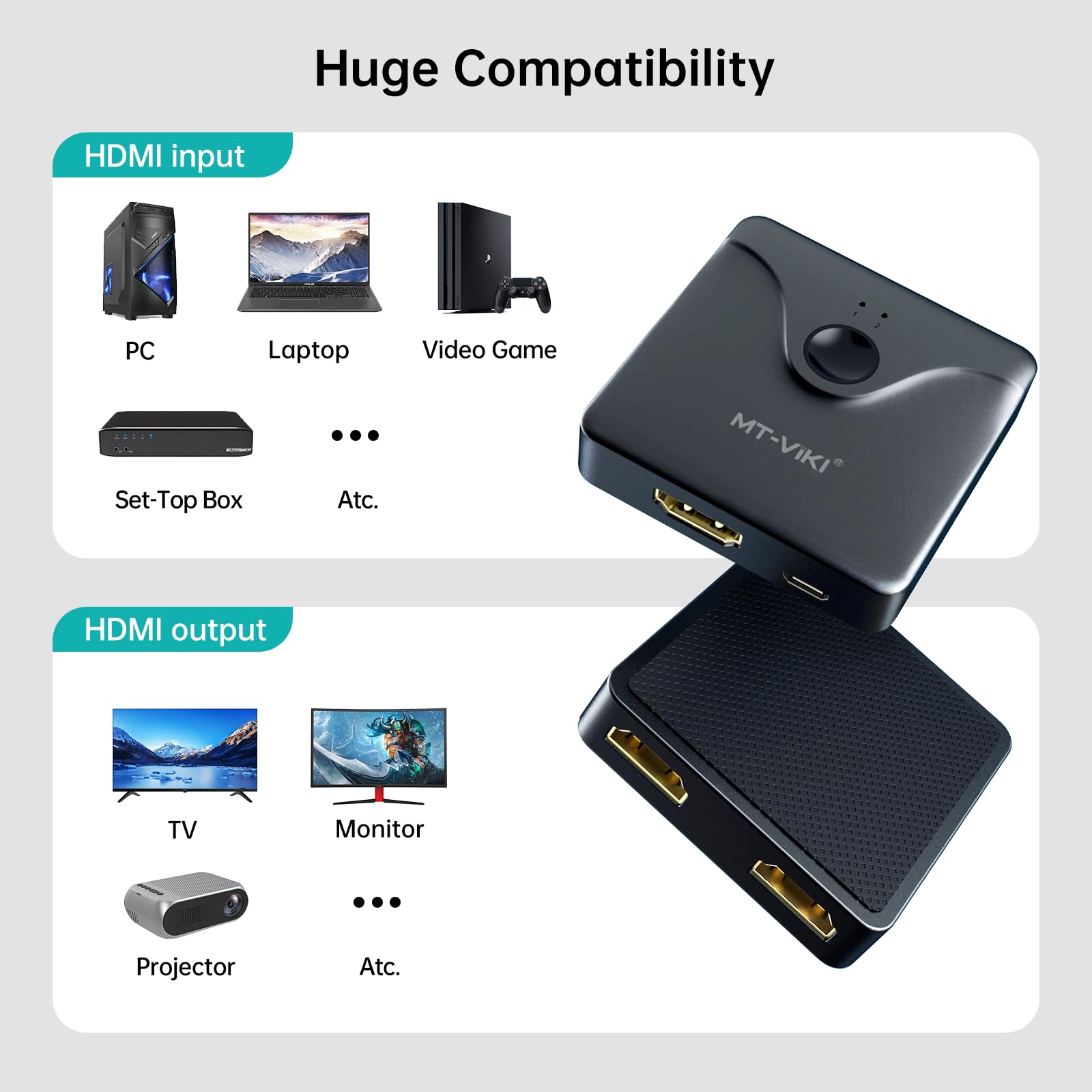 MT-VIKI Przełącznik HDMI 4K60 Hz 2 w 1, Dwukierunkowy Rozdzielacz 1 w 2, Kompatybilny z Laptopami, Komputerami PC, Xbox, PS5/PS4, Projektorem, Zasięg 6 m