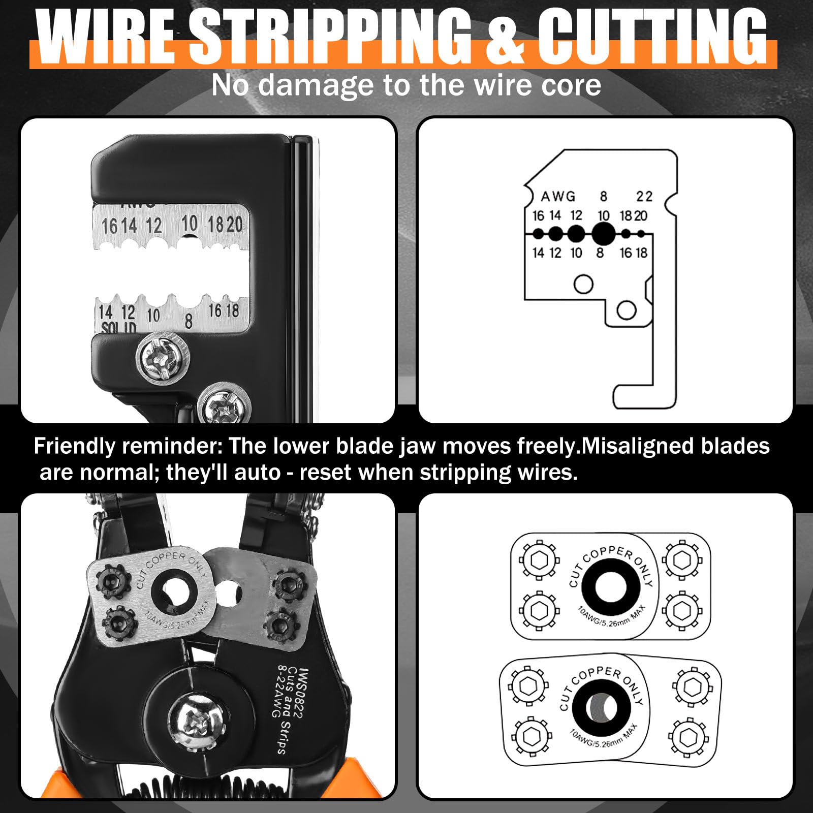 Lasnten Pelacables de alta resistencia para electricista, autoajustable, herramientas pelacables compatibles con 8-20 AWG sólido y trenzado de 10-22 AWG