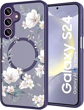 VONZEE Compatible with Samsung Galaxy S24 5G Case Luxury Retro Flowers Floral Clear for Magnetic Wireless Charging Case Shockproof Case PC+TPU Cute Glossy Shiny Cover for Girls Women, Deep Purple - image, photos